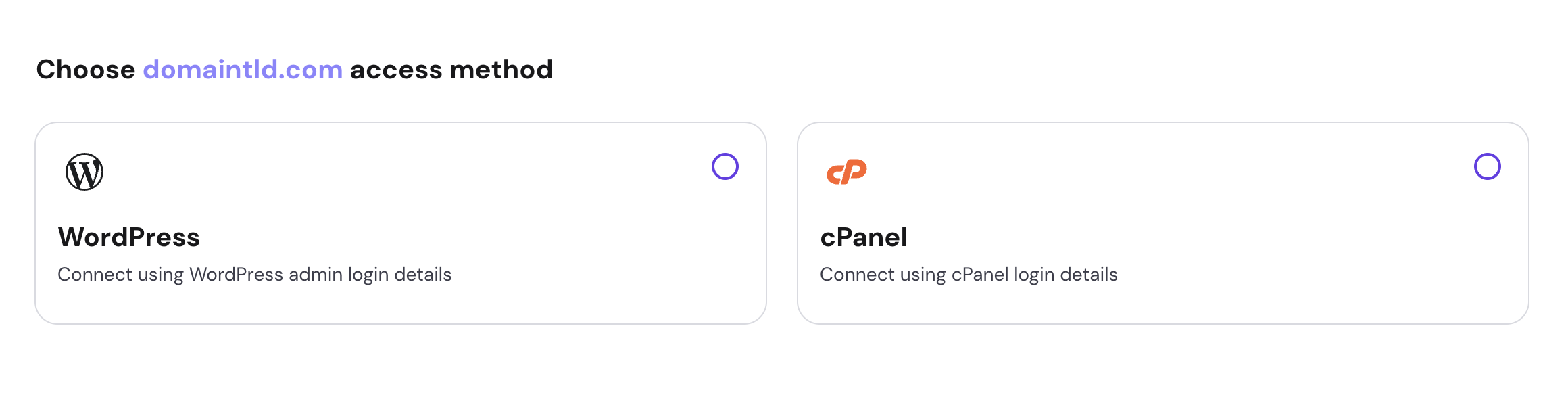 Domain access method selection screen with WordPress and cPanel options