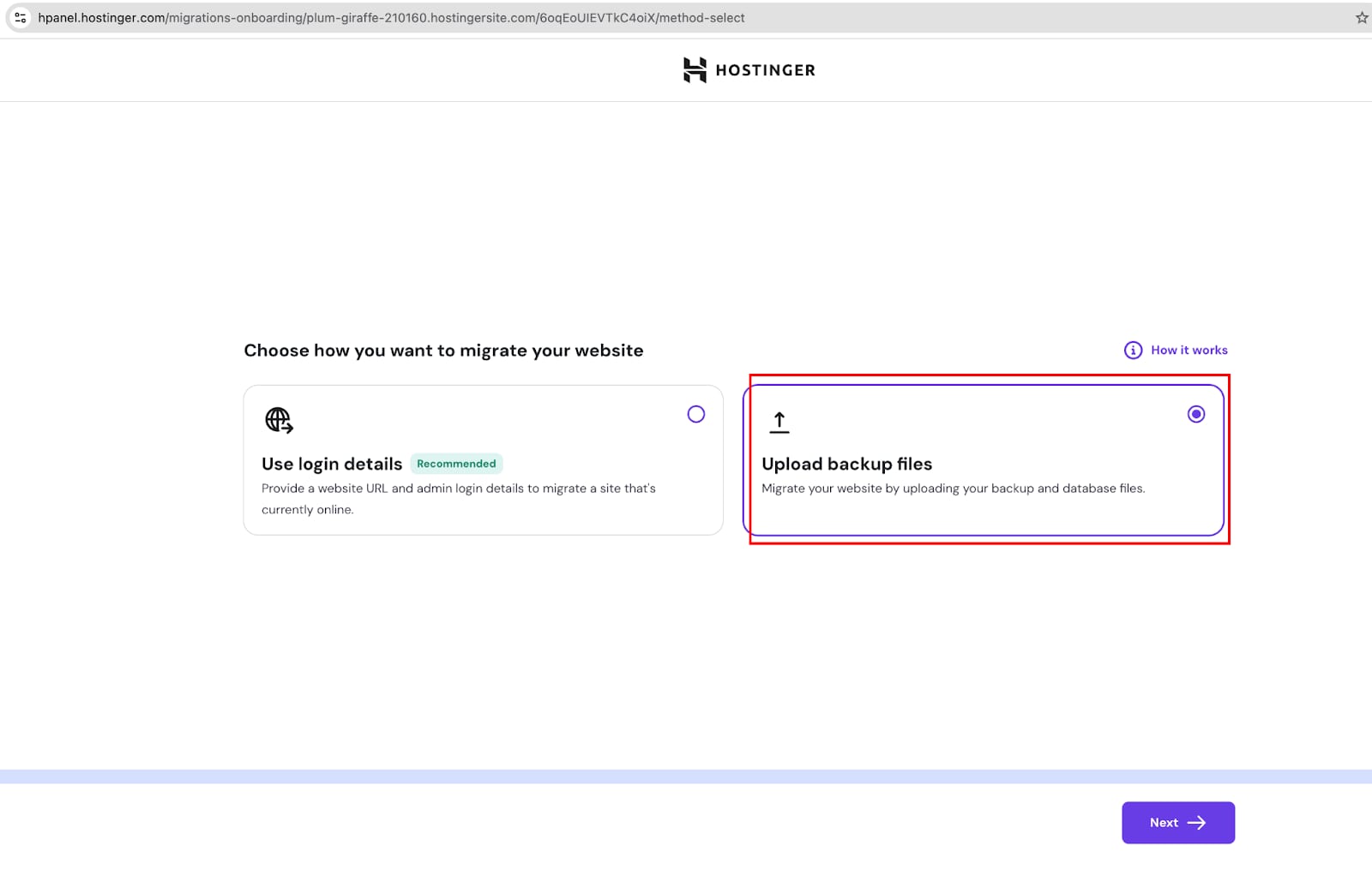 Hostinger migration method select screen with Upload backup files option selected