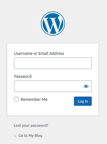 WordPress login form with username, password fields, and Log In button