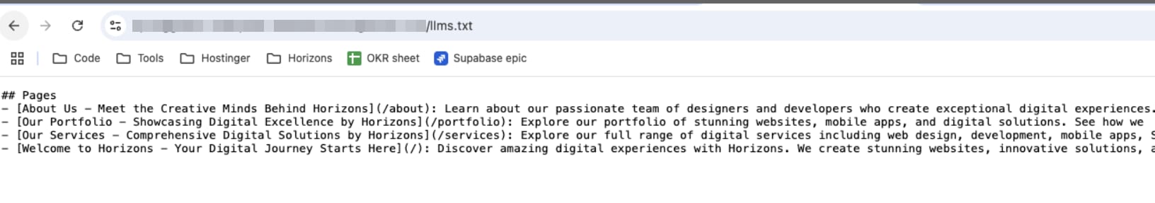 Hostinger Horizons llms.txt pages list in browser, with Pages section visible