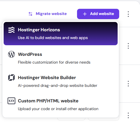 Hostinger Horizons template option highlighted in the add website menu