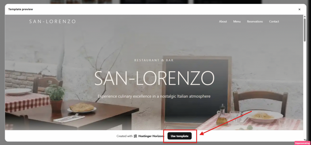 Hostinger Horizons template preview with the Use template button highlighted