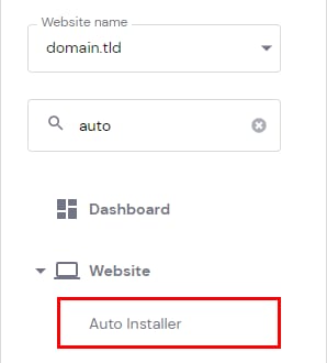 Website menu showing Auto Installer option highlighted under Website section