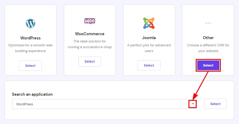 Other app selection with the Select button and dropdown highlighted