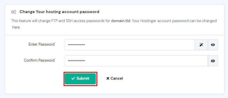 Hostinger password change form with the Submit button highlighted