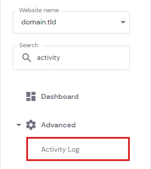 Hostinger advanced menu with Activity Log highlighted
