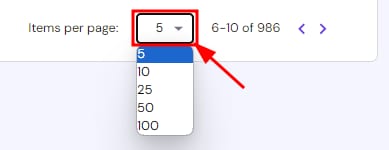Items per page dropdown set to 5 on a Hostinger activity table