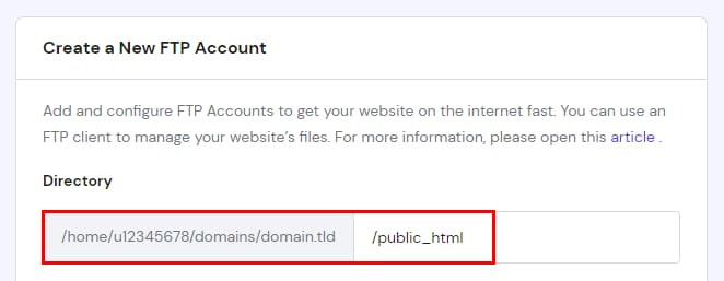 Hostinger hPanel FTP account directory field showing /home/.../domains/domain.tld/public_html path