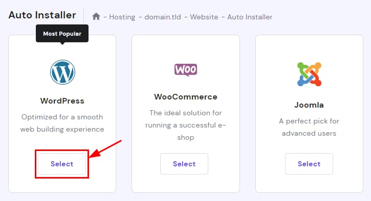 Hostinger Auto Installer WordPress card with the Select button highlighted