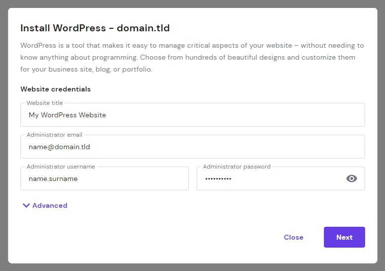 Hostinger WordPress install dialog with website credentials fields and a Next button