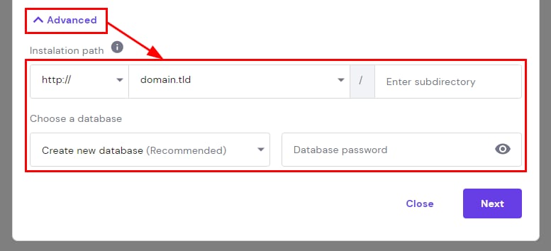 Hostinger WordPress Auto Installer advanced settings with installation path and database options