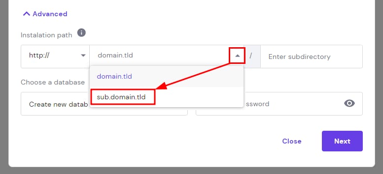 Hostinger WordPress installer showing installation path dropdown with sub.domain.tld selected