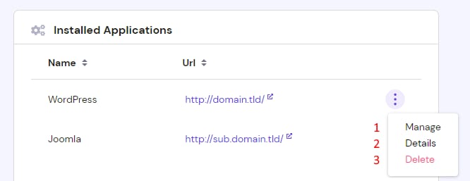 Hostinger installed applications list with a WordPress entry and its options menu open, showing Manage, Details, Delete