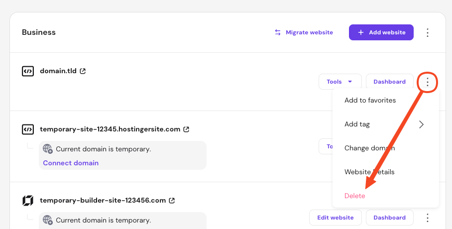 Hostinger hPanel website menu with Delete option highlighted for a site
