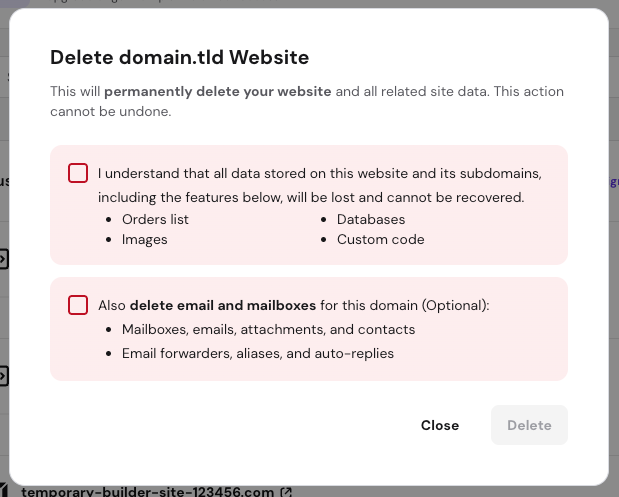 Delete website confirmation dialog with unchecked options for data and email deletion