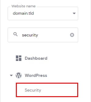 WordPress sidebar with Security menu item highlighted