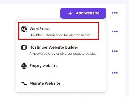 Hostinger Add website menu with WordPress option highlighted