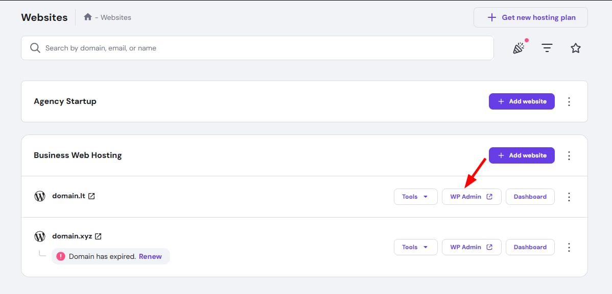 Hostinger Websites dashboard with WP Admin button highlighted for a domain site