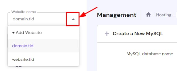 Hostinger management panel with the website name dropdown arrow highlighted