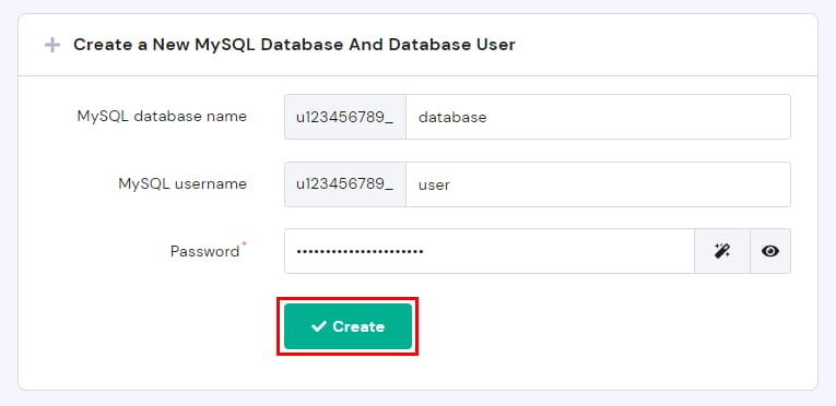 Hostinger MySQL database creation form with the Create button highlighted