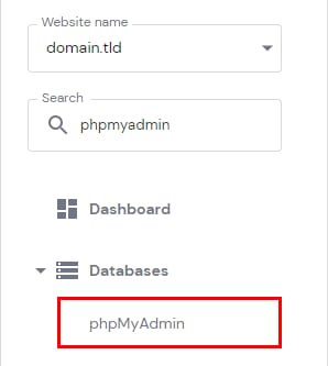 Hostinger hPanel Databases menu with phpMyAdmin highlighted