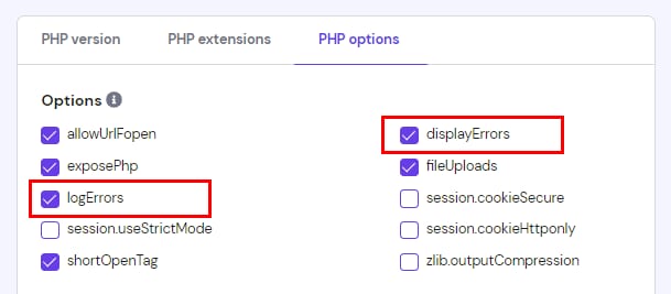 Hostinger PHP options showing displayErrors and logErrors settings highlighted