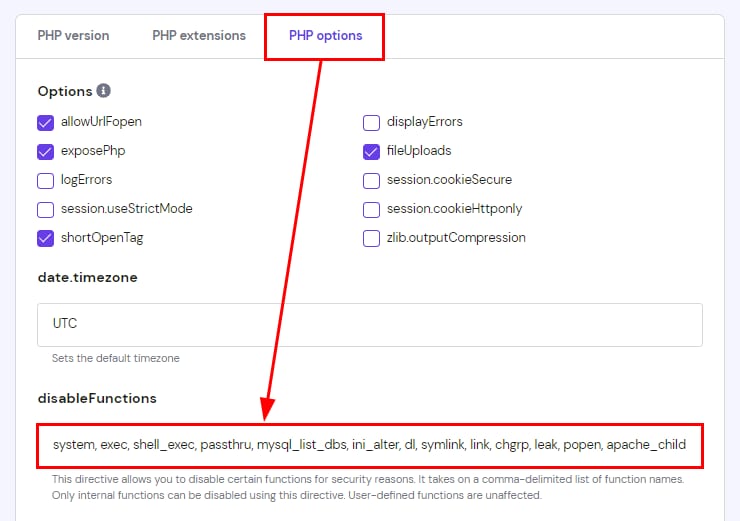 Hostinger PHP options with disableFunctions field highlighted