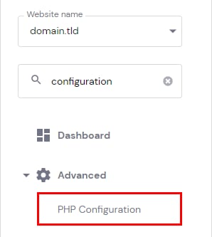 Hostinger menu with PHP Configuration option highlighted under Advanced