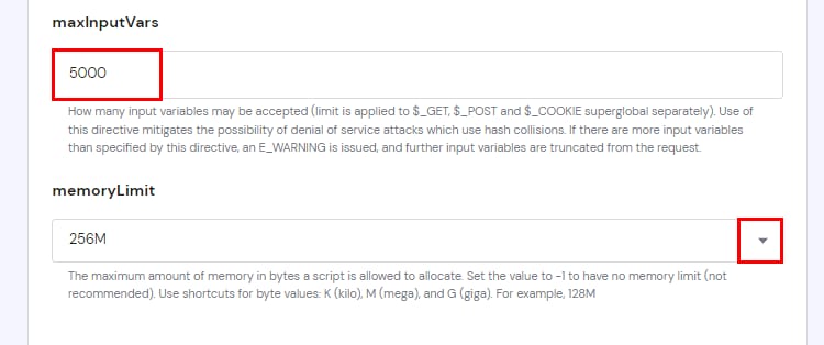 PHP parameter settings showing highlighted 5000 maxInputVars field and memoryLimit dropdown arrow