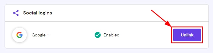 Hostinger social logins screen with the Unlink button highlighted