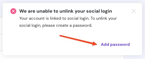 Hostinger pop-up saying unlinking requires creating a password, with Add password highlighted