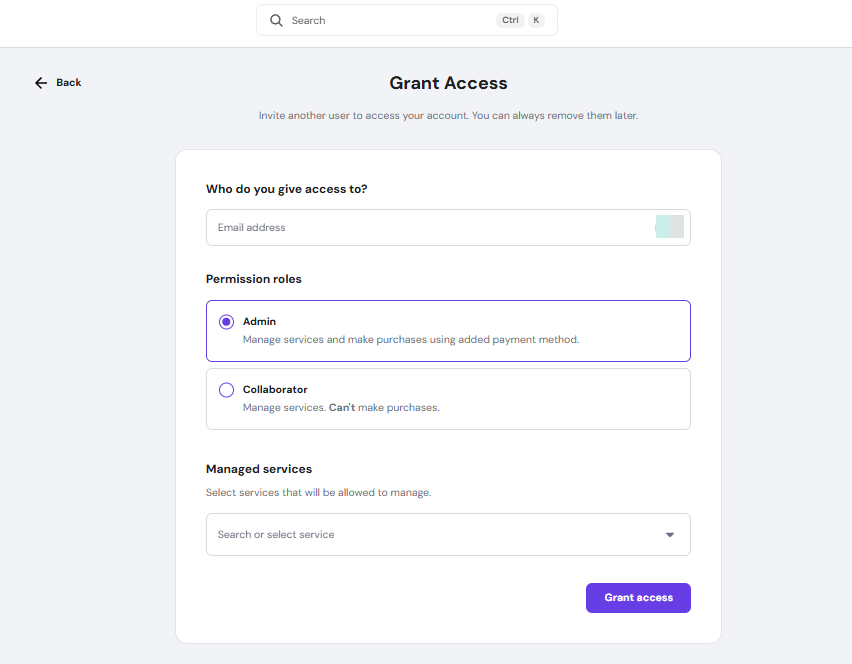 Grant Access page with Admin role selected and email address field
