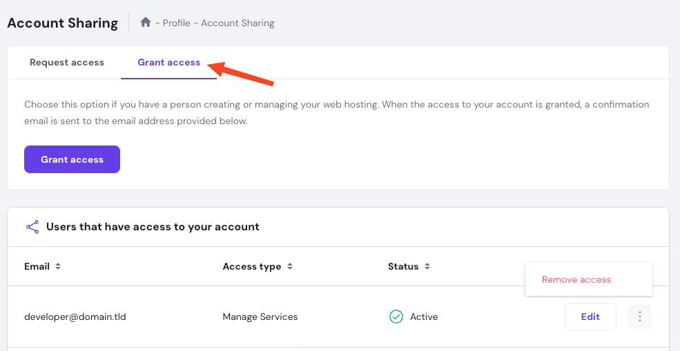 Account Sharing page with Grant access tab selected and highlighted