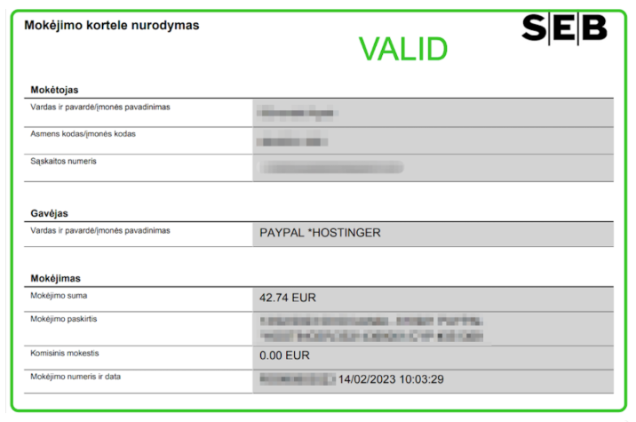 SEB payment order confirmation marked VALID, with recipient PAYPAL *HOSTINGER and amount 42.74 EUR