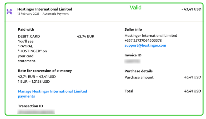 Hostinger payment receipt showing valid debit card purchase of 43,41 USD and seller info