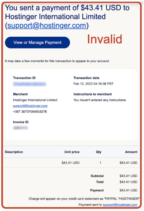 PayPal payment receipt for Hostinger International Limited, marked Invalid, showing .41 USD payment
