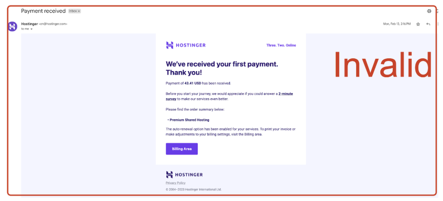Hostinger email about received first payment and billing area button