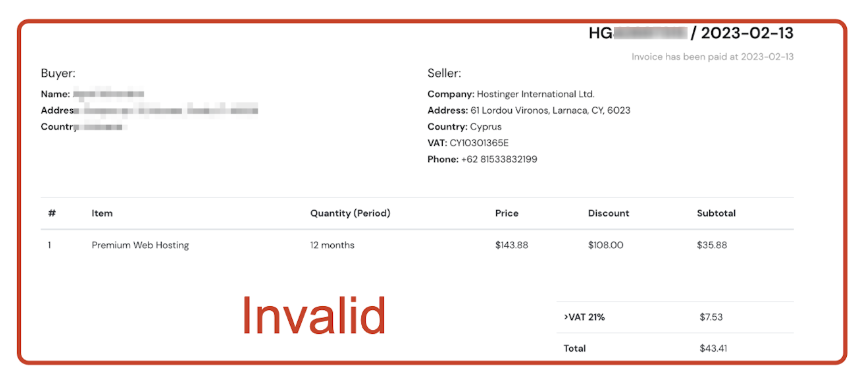 Hostinger Premium Web Hosting invoice marked Invalid and paid on 2023-02-13