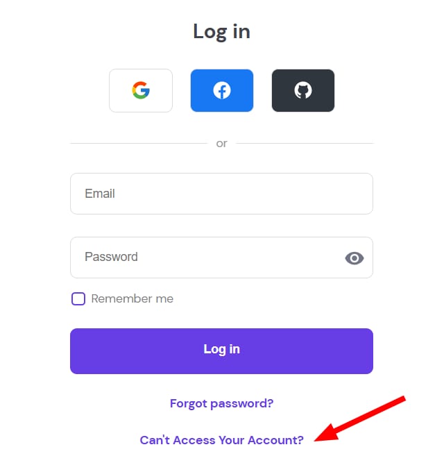 Hostinger login page with the Can’t Access Your Account? link highlighted by a red arrow