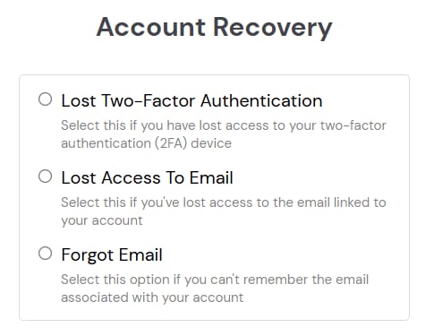 Account Recovery page with the Lost Access To Email option highlighted