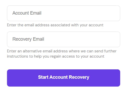 Hostinger account recovery form with account email, recovery email, and Start Account Recovery button