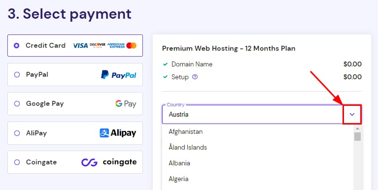 Hostinger checkout country dropdown for selecting tax code country