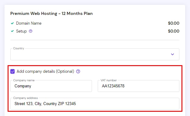 Premium Web Hosting company details optional form with company name, VAT number, and address fields highlighted