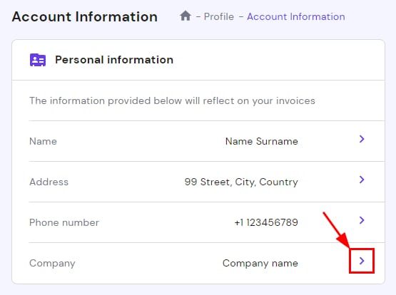 Account Information page with the Company row’s edit chevron highlighted in Personal information