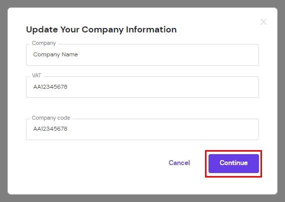Company information popup with Continue button highlighted