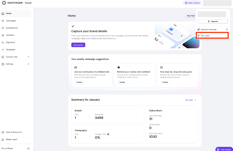 Hostinger Reach dashboard with the "Your plan" menu item highlighted