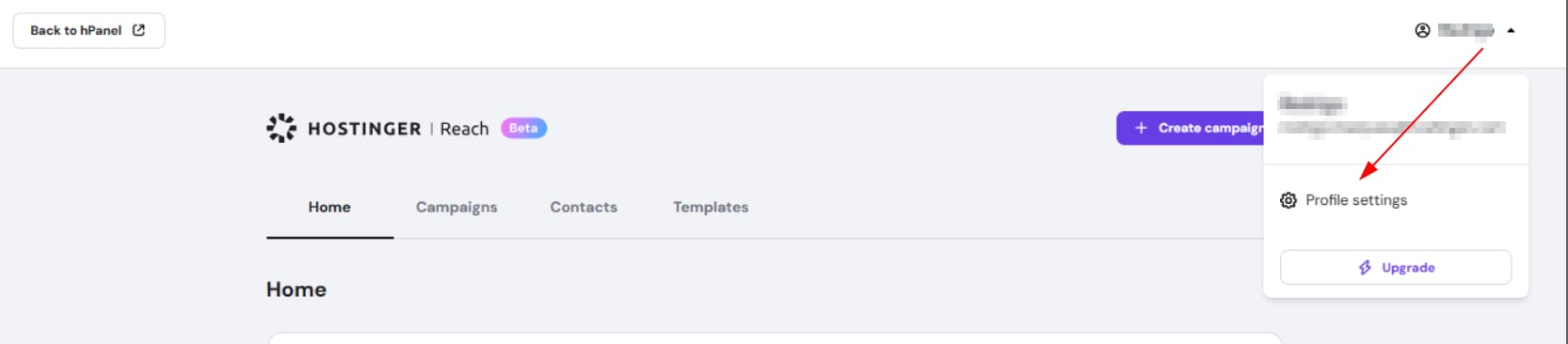 Hostinger Reach profile menu with Profile settings highlighted in the dropdown