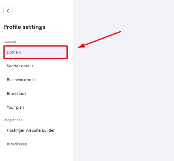 Hostinger Reach profile settings with Domain menu item highlighted