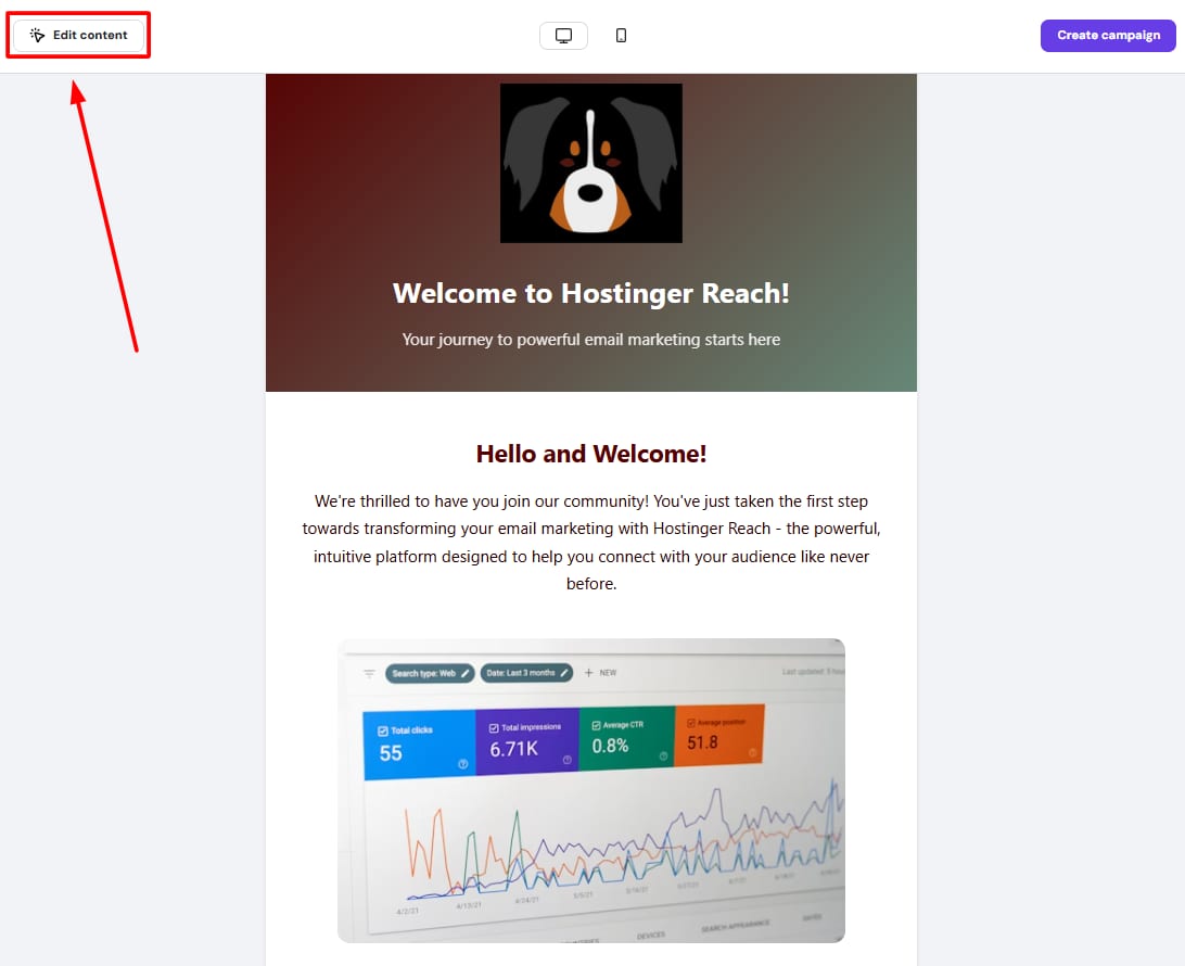Hostinger Reach editor with Edit content button highlighted in the top left