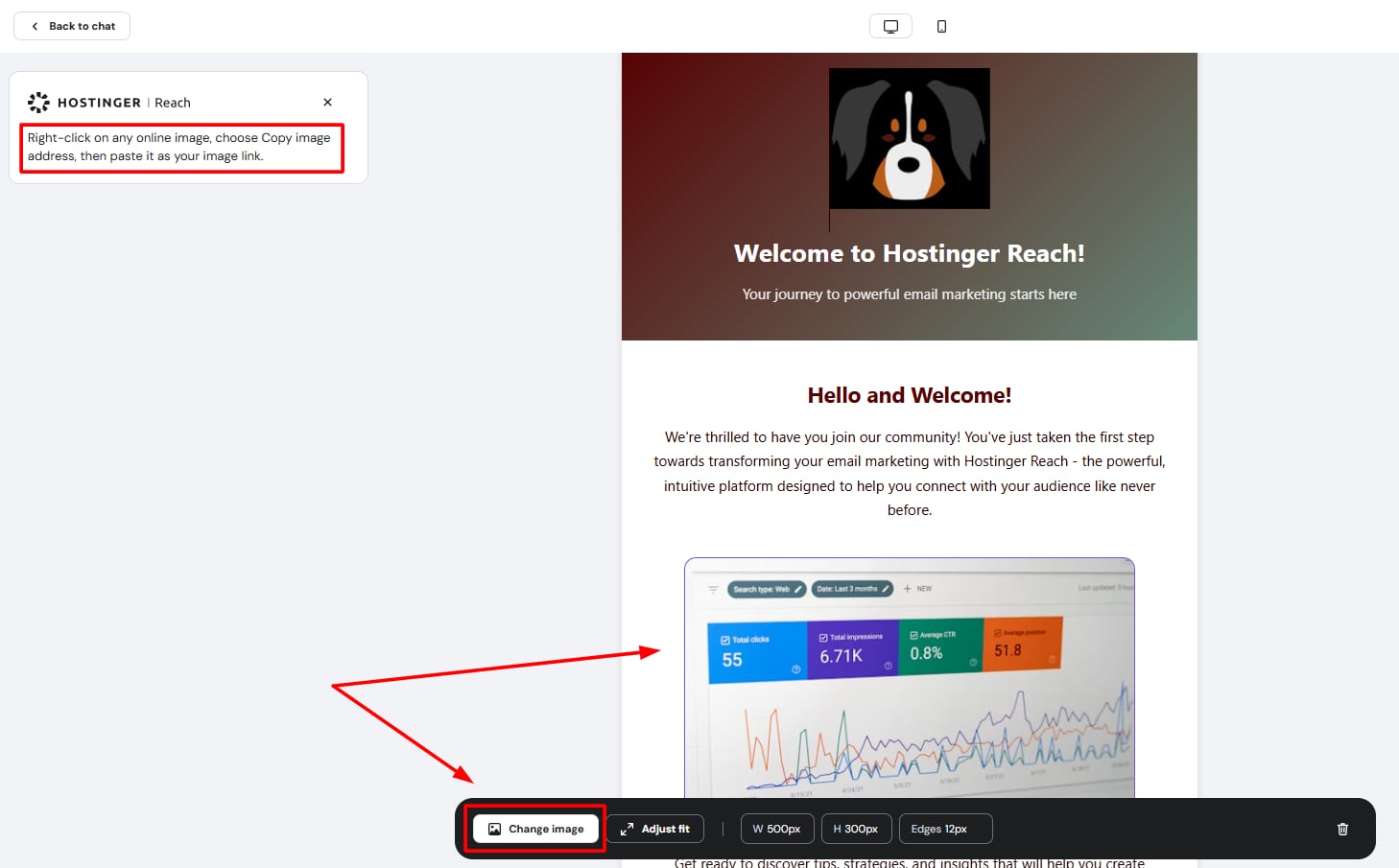 Hostinger Reach email editor with the Change image button highlighted at the bottom